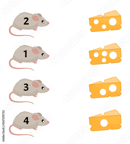 Counting educational children game, math kids activity sheet. How many objects task. Match the mice and the cheese.

