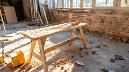 Wooden sawhorse with tools construction materials scattered around inside an unfinished room with brick walls and sunlight through windows