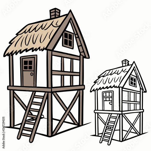 Whimsical elevated cartoon houses with thatched roof and simple design illustration