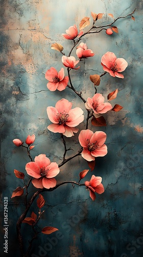  Graceful Branch with Pink Blossoms and Green Leaves