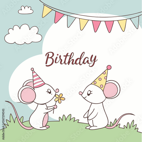 Charming birthday greeting featuring adorable mice in a whimsical, festive setting