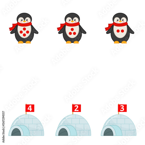 Counting educational children game, math kids activity sheet. How many objects task. Connect the penguins and the igloo.
