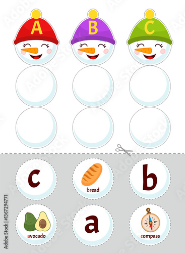 Educational material for children of primary school age. Learning the letters of the English alphabet. Template for an activity book with Velcro. Cute illustration of a cartoon snowman in a hat.