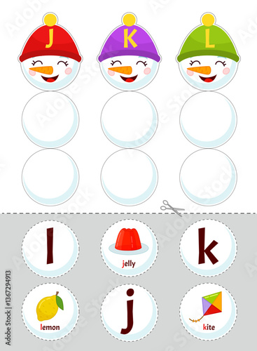 Educational material for children of primary school age. Learning the letters of the English alphabet. Template for an activity book with Velcro. Cute illustration of a cartoon snowman in a hat.