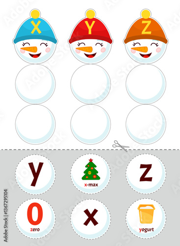Educational material for children of primary school age. Learning the letters of the English alphabet. Template for an activity book with Velcro. Cute illustration of a cartoon snowman in a hat.