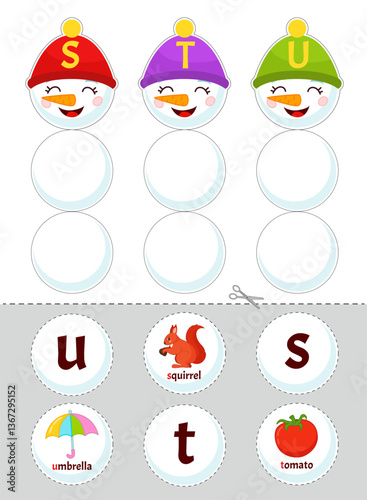 Educational material for children of primary school age. Learning the letters of the English alphabet. Template for an activity book with Velcro. Cute illustration of a cartoon snowman in a hat.