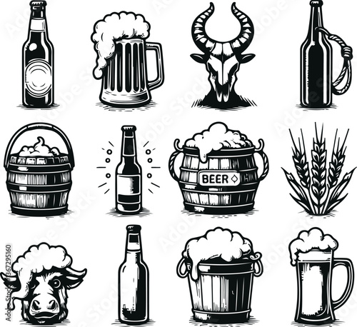 Iconic Beer Brewery Process And Beverages Equipment Black Filled Vector Illustration Design On White Background