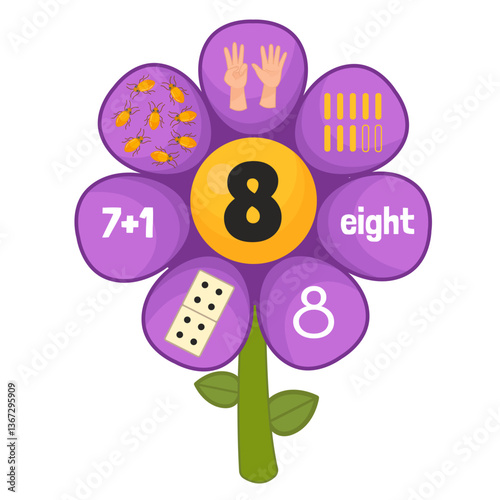 Educational material for learning numbers. Cartoon illustration cute flower. Counting 1-10.
