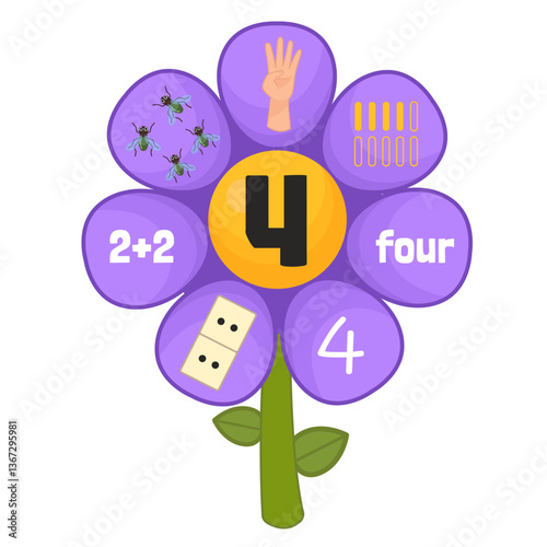 Educational material for learning numbers. Cartoon illustration cute flower. Counting 1-10.
