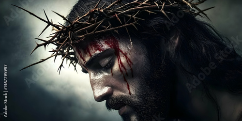 Photo of a Man in Pain Wearing a Crown of Thorns with Blood Tears