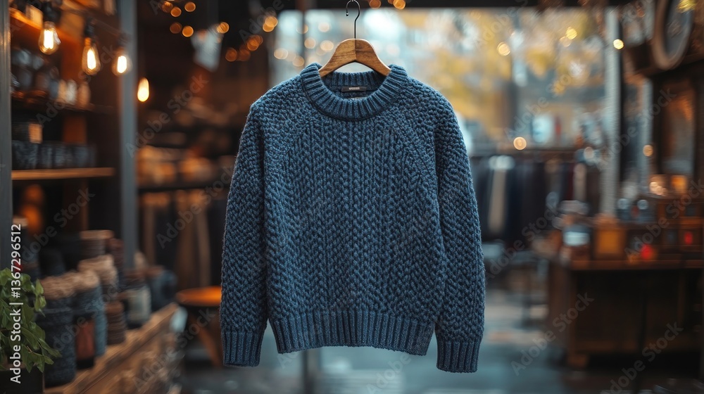 Fototapeta premium Blue textured knit sweater hanging on wooden hanger in shop.