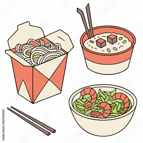 Whimsical array of stylized asian cuisine dishes in colorful vector illustration