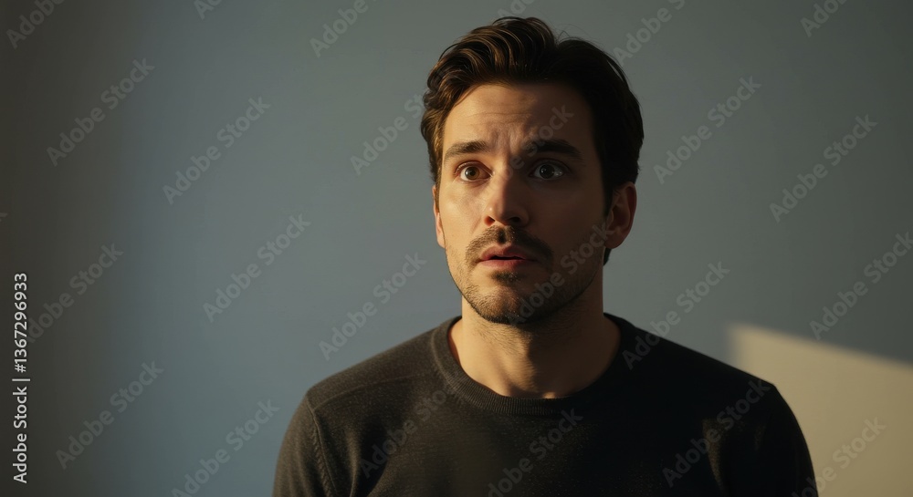Obraz premium Man in a dimly lit room with a surprised expression, shadows cast on the wall