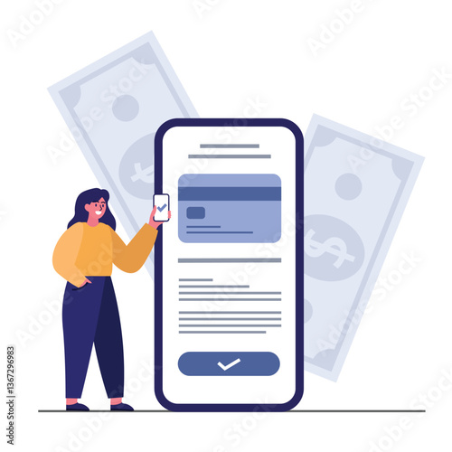 woman who successfully made mobile payment. cashless payment and via mobile phone. modern premium design