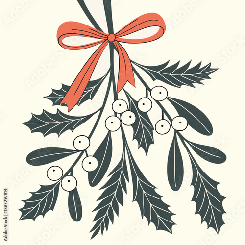 Stylized mistletoe with festive ribbon, embodying seasonal greetings in decorative design