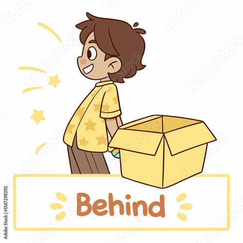 Illustration showcasing a boy standing behind a box, concept of spatial relations