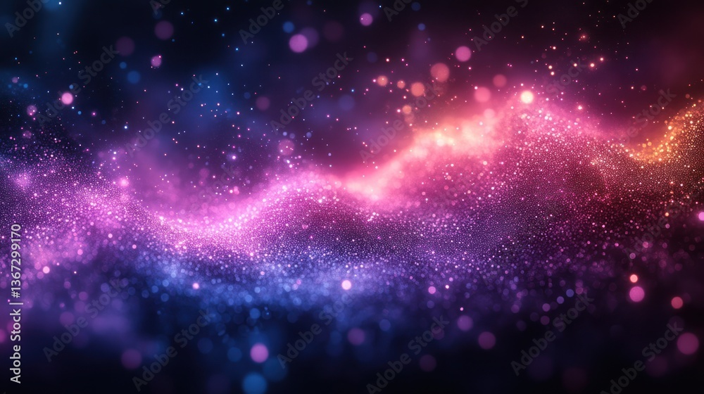 Obraz premium Abstract cosmic nebula with pink, purple, and blue glowing particles forming wavy patterns on a dark background.