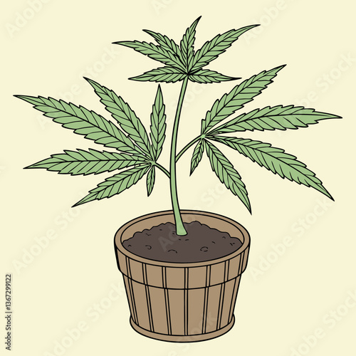 Artistic depiction of a cannabis plant seedling in a wooden container with soil