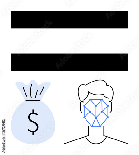 Wallpaper Mural Black equality symbol above a money bag with a dollar sign and a human face with facial recognition grid. Ideal for technology, finance, justice, ethics, innovation, fairness, inclusion. Flat simple Torontodigital.ca