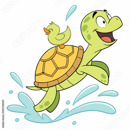 Whimsical turtle adventure with a delightful yellow duckling companion