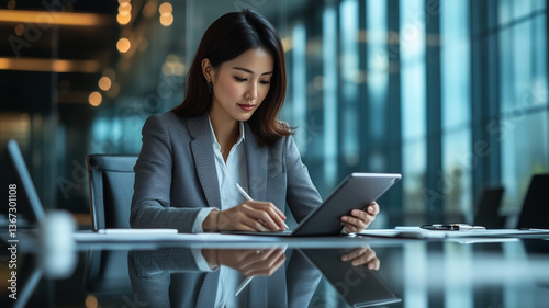 タブレットで議事録を取る日本人女性のスマートな仕事術