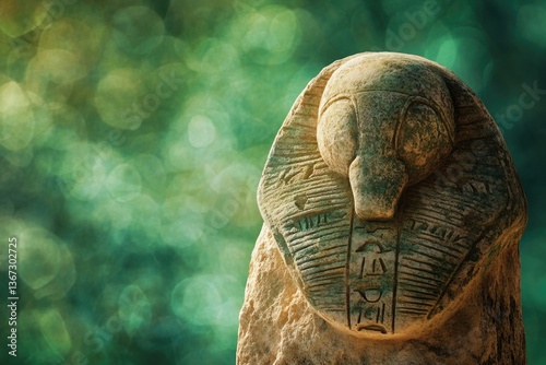 Ancient Egyptian ushabti statue, weathered stone, hieroglyphs, serene, mystical background.