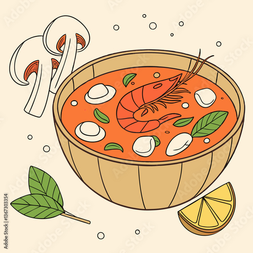 Exotic thai soup with shrimp, mushrooms, lemon, and herbs illustration