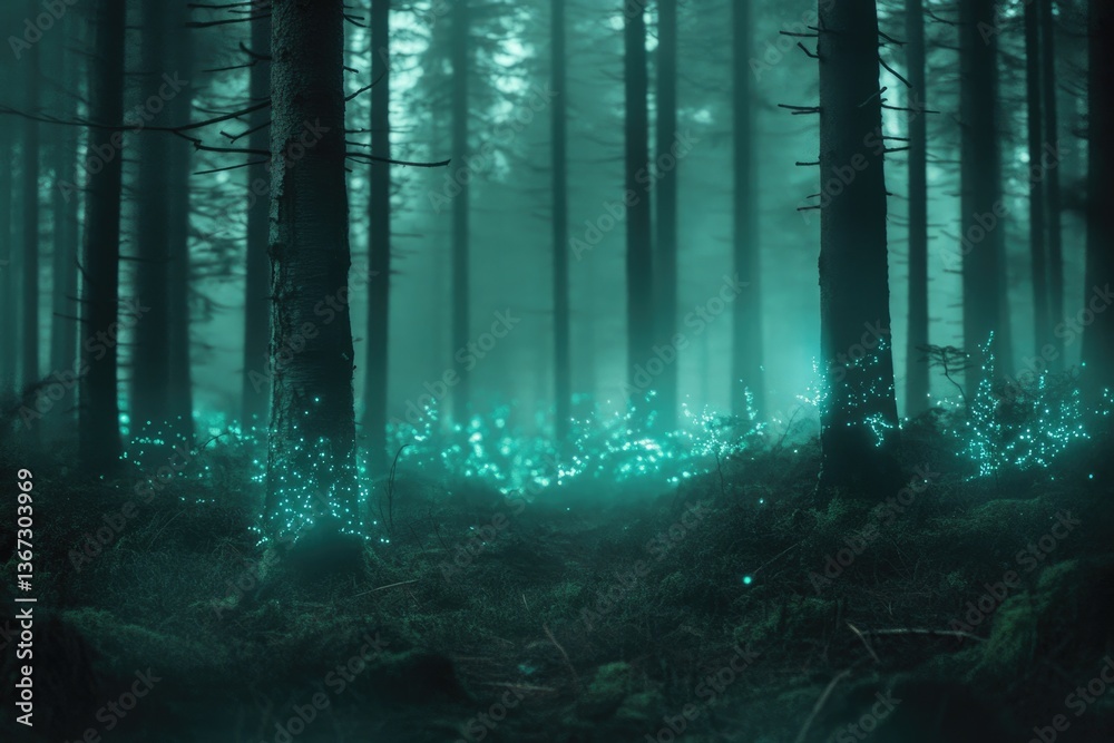 Obraz premium Enchanted forest at night, glowing flora illuminates the misty trees, creating a magical atmosphere.