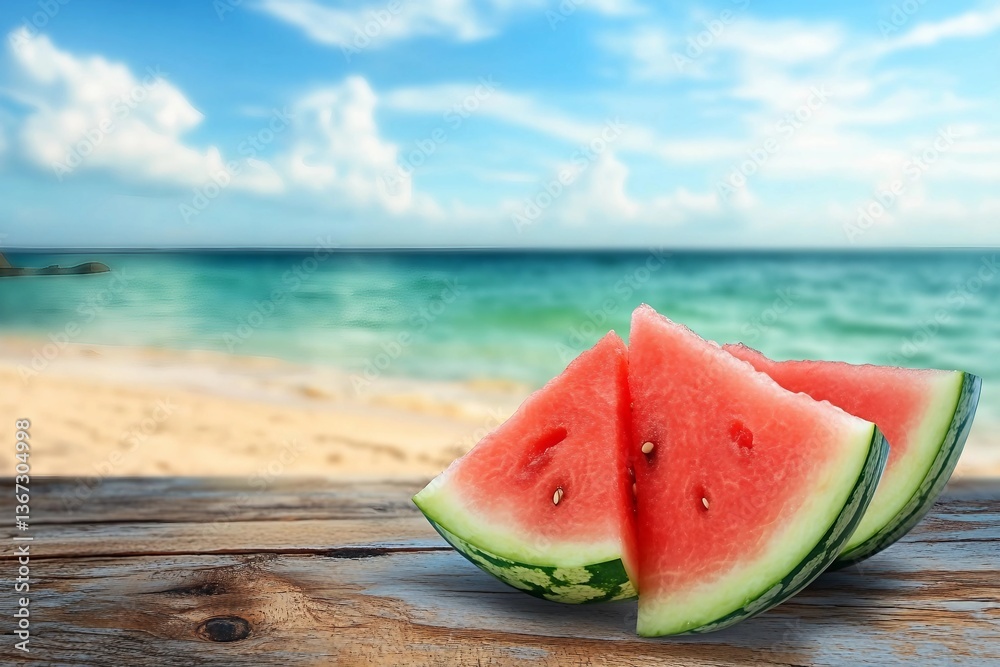 slice of watermelon on table with beach background. slice of watermelon on table with beach background.