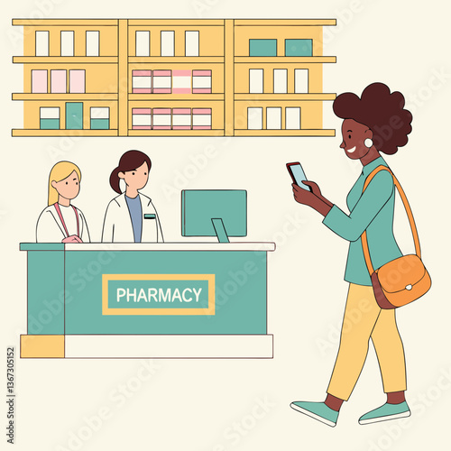 Patient uses mobile at pharmacy counter for medical consultation and prescription