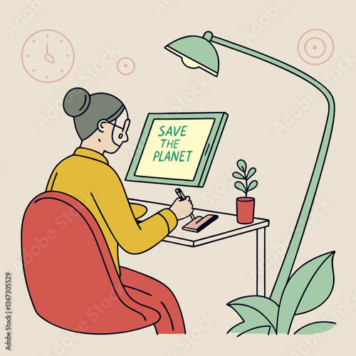 Elderly designer promoting ecological awareness through digital art at the workplace