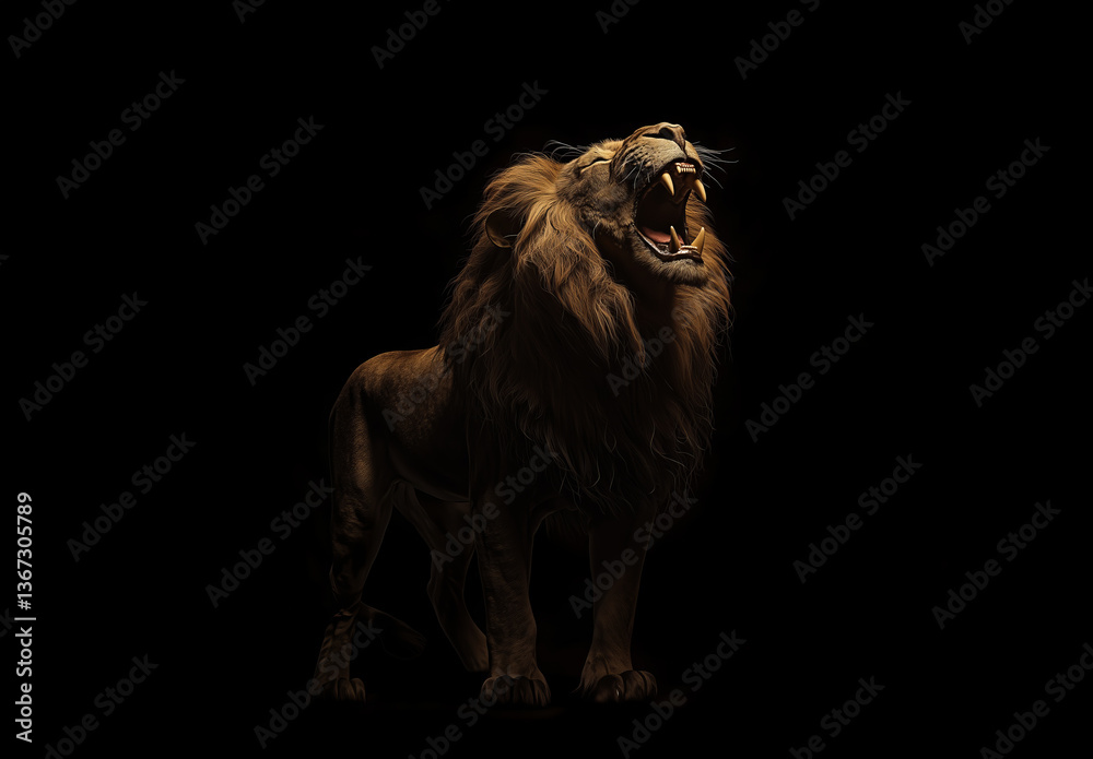 Obraz premium Majestic lion roaring powerfully in dark surroundings, showcasing its impressive mane and fierce presence, symbolizing strength and dominance in the wild