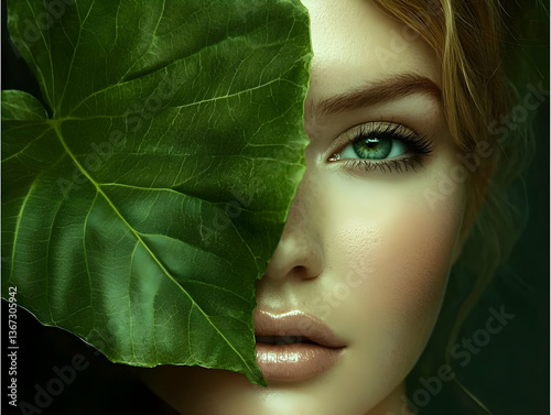 Photo Of A Woman With A Green Leaf Covering Half Of Her Face And Eyes