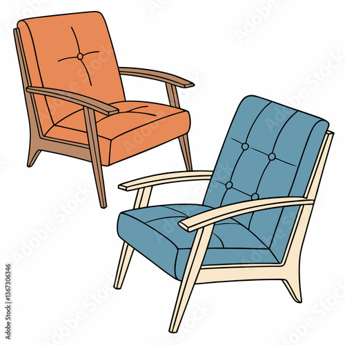 Stylized mid-century modern armchairs in contrasting hues create a vintage ambience