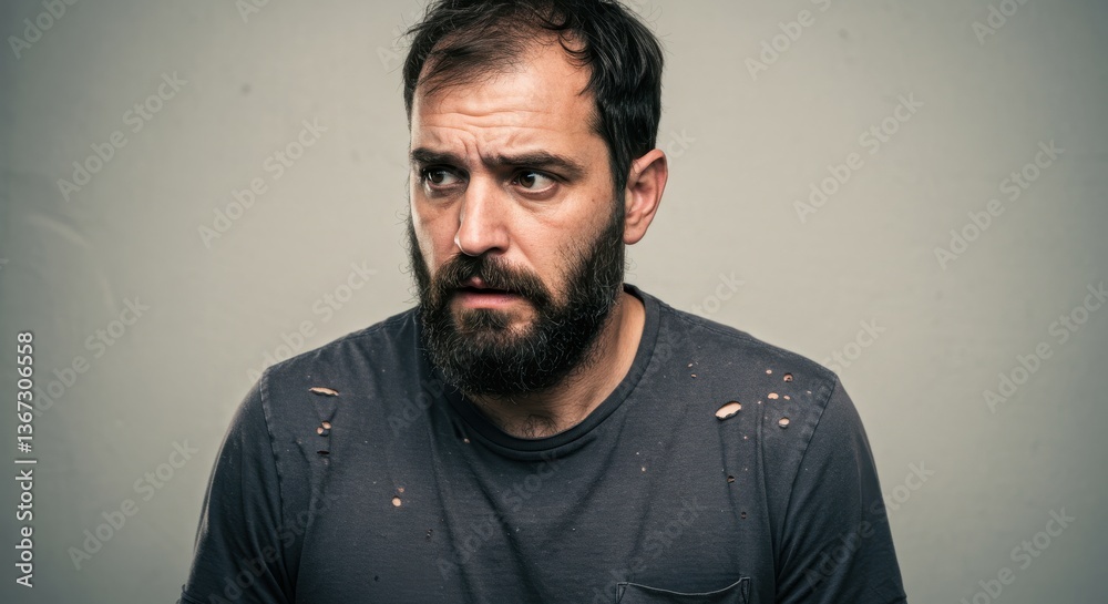 Obraz premium Man with a distressed expression in a plain background, conveying anxiety