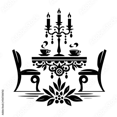 Elegant Black & White Dinner Silhouette: Tea, Candles & Floral Decoration.