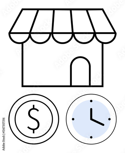 Storefront with awning symbolizes retail. Dollar sign and clock represent financial planning, time management, and business operations. Ideal for business, retail, economy, time, management