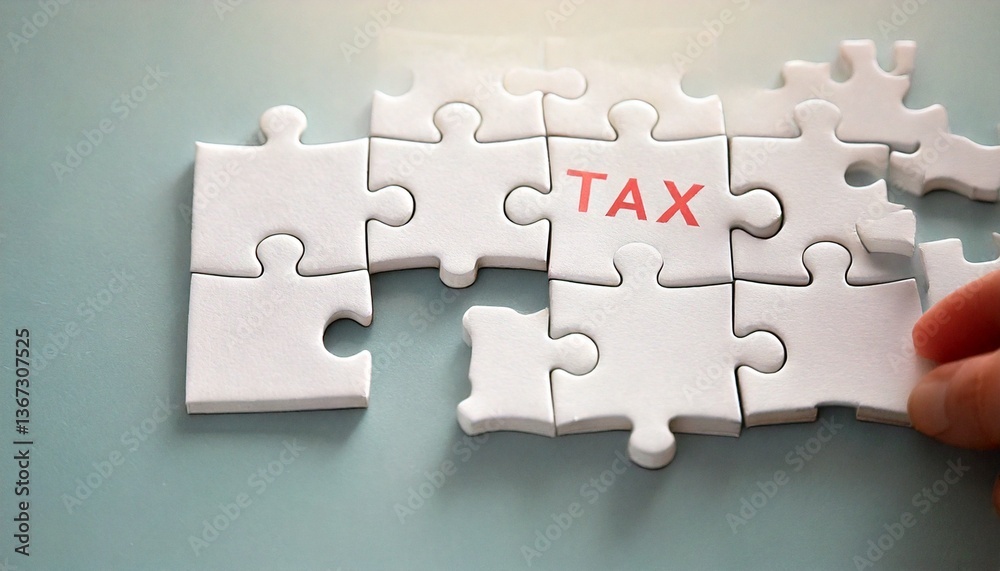 Fototapeta premium Puzzle Piece Concept-- TAX blocks interlocked with paper puzzle pieces,photographed in soft