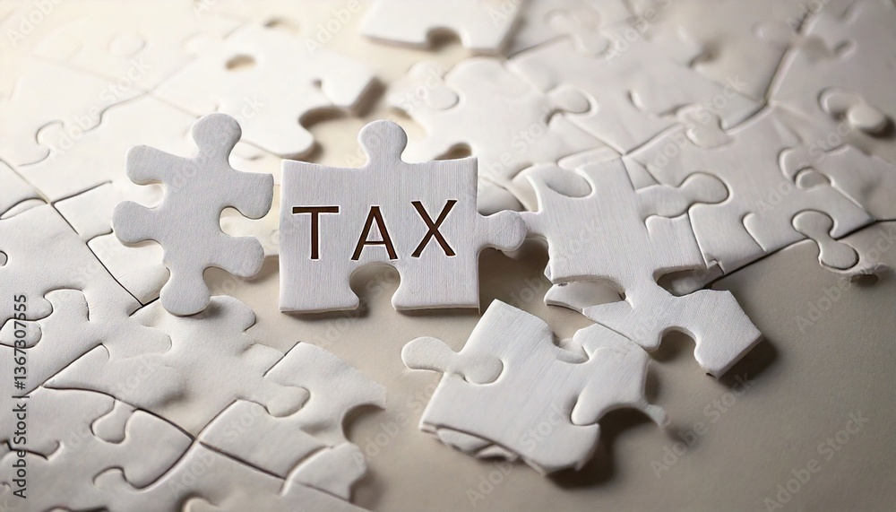 Fototapeta premium Puzzle Piece Concept-- TAX blocks interlocked with paper puzzle pieces,photographed in soft