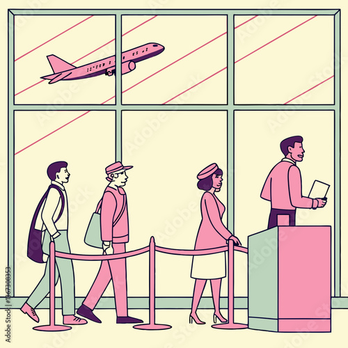 Aviation anticipation: airport security queue beneath airplane departure sight