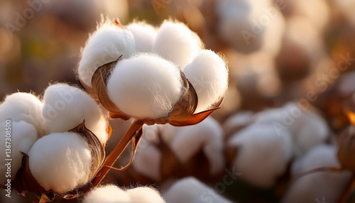 Closeup of fluffy cotton bolls with soft natural light highlighting their texture and softne