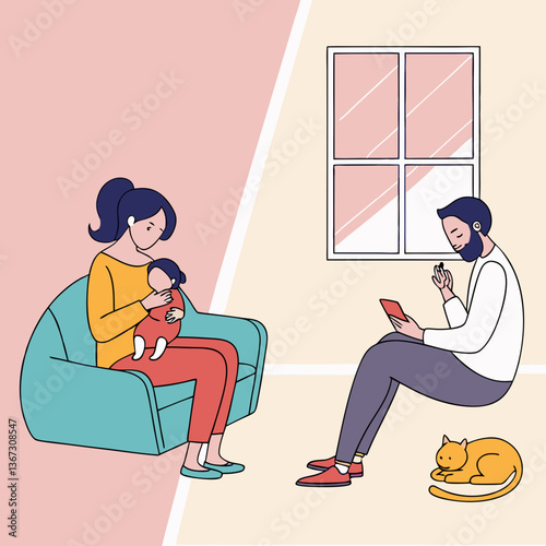 Illustration of family life with a baby, online connection, and relaxed moments indoors