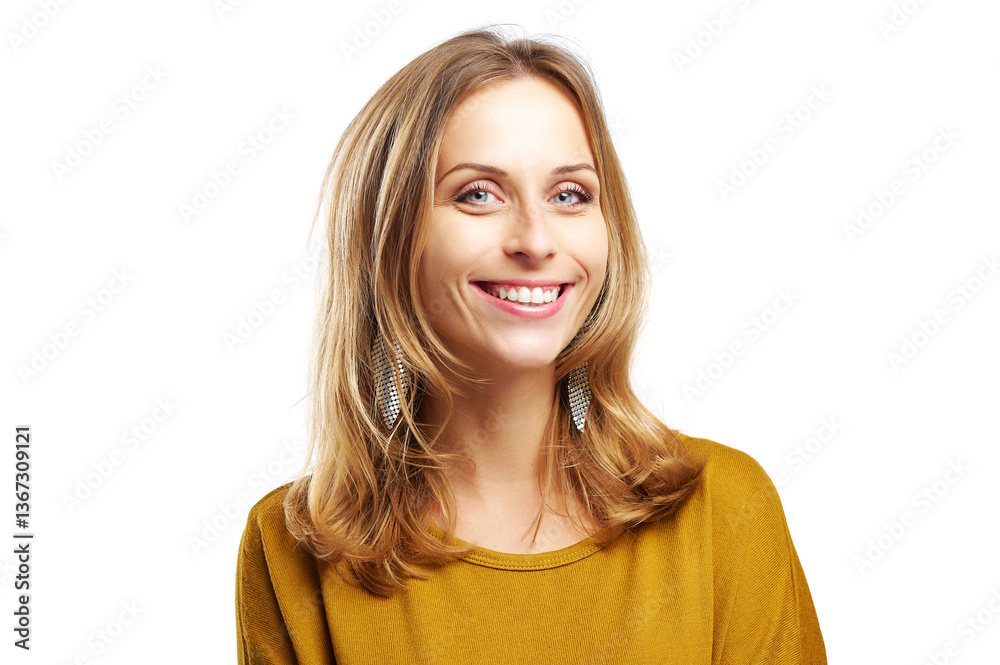 Smiling Woman With Long Blonde Hair On A White Background Smiling Woman With Long Blonde Hair On A White Background