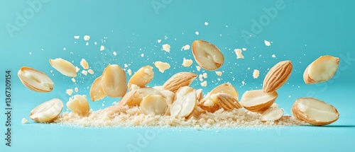 Sliced almonds and almond flour levitate against a blue background