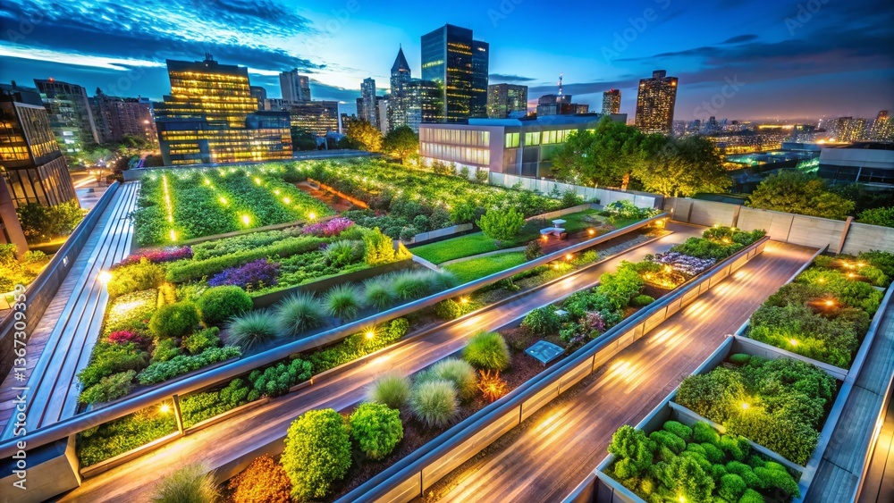 Fototapeta premium Aerial View of Lush Urban Rooftop Garden, Eco-Friendly Greenery, Long Exposure Photography