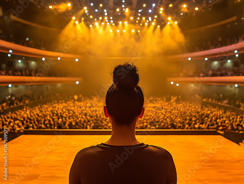 Photo of a Woman on Stage Facing a Lit Audience Golden Lighting Silhouette View