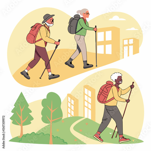 Active seniors embracing outdoor adventure through hiking and exploration together