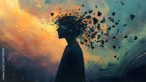 Major Depressive Disorder A silhouette of a person with an abstract, fragmented head against a colorful background. MDD