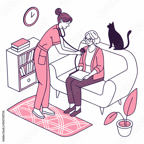 Caring compassion: Nurse tending to senior woman, comforting home visit