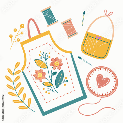 Creative sewing concept with apron, thread spools, pin, and decorative pouch